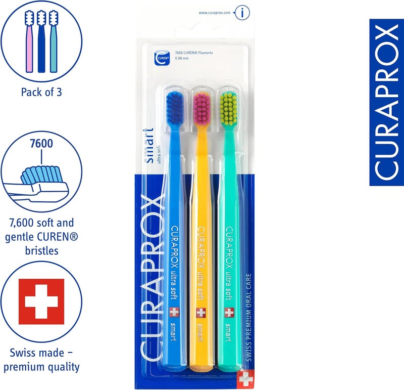 CURAPROX CS Smart Toothbrush - Compact Brush Head for Children and Adults | Ultra-Soft Cleaning | Pack of 3 | Assorted Colours - Image 1