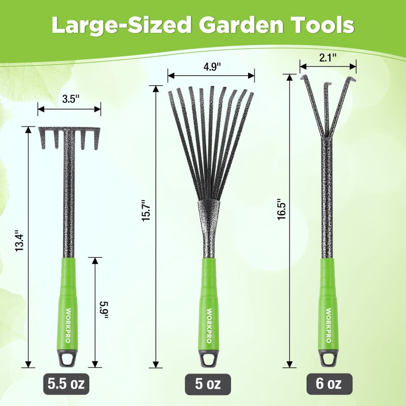 WORKPRO 6-Piece Garden Tool Set, Heavy Duty Gardening Hand Tools with Soft Rubber Handle, Including Trowel, Rakes, 2-in-1 Hoe and Crack Weeder, Ideal Gardening Gifts for Men and Women - Image 3