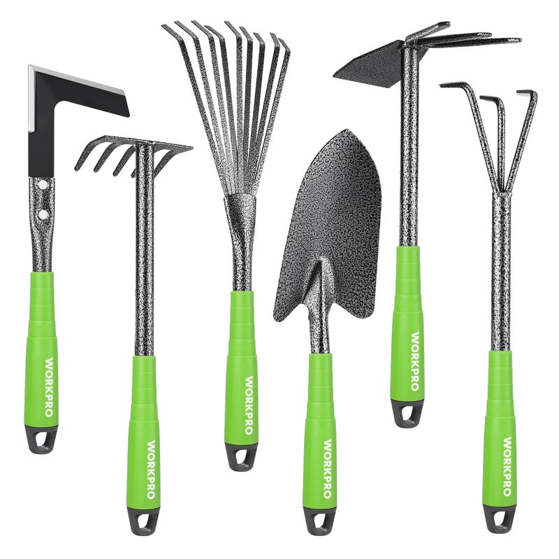 WORKPRO 6-Piece Garden Tool Set, Heavy Duty Gardening Hand Tools with Soft Rubber Handle, Including Trowel, Rakes, 2-in-1 Hoe and Crack Weeder, Ideal Gardening Gifts for Men and Women - Image 1