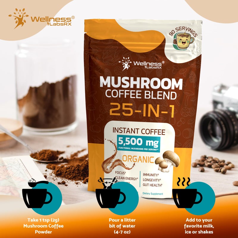 WELLNESS LABSRX Mushroom Coffee Organic Instant Coffee, 25-in-1, Third-Party Tested Keto Friendly Lions Mane Supplement with Functional Mushrooms - Shiitake, Reishi, Lion’s Mane & More | Smooth, Rich Flavor - 90 Servings - Image 5