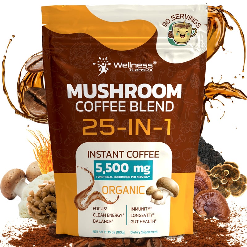 WELLNESS LABSRX Mushroom Coffee Organic Instant Coffee, 25-in-1, Third-Party Tested Keto Friendly Lions Mane Supplement with Functional Mushrooms - Shiitake, Reishi, Lion’s Mane & More | Smooth, Rich Flavor - 90 Servings - Image 1