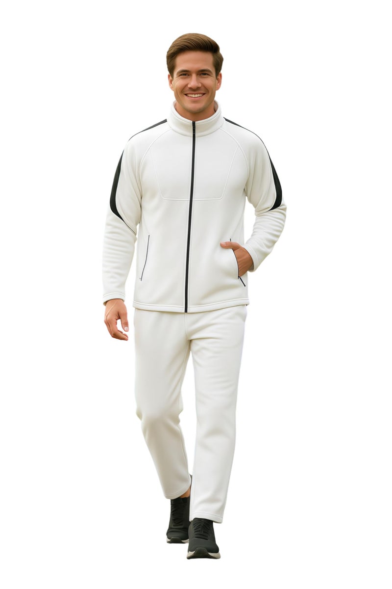CHKOKKO Men's High Neck Winter Tracksuit Set with Full-Zipper Upper & Elasticated Waist Jogger Pants | Warm Soft Solid Activewear for Gym, Running & Casual Use WHITEBLK XXL - Image 2