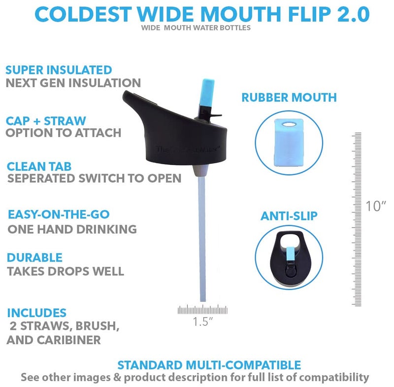 The Coldest Water Insulated Standard Mouth Size 2.0 - Hydro Sports Straw Cap Flip Top Lid - Multi-Compatible with Standard Flask Mouth Size Stainless Steel Water Bottles - White (White) - Image 3