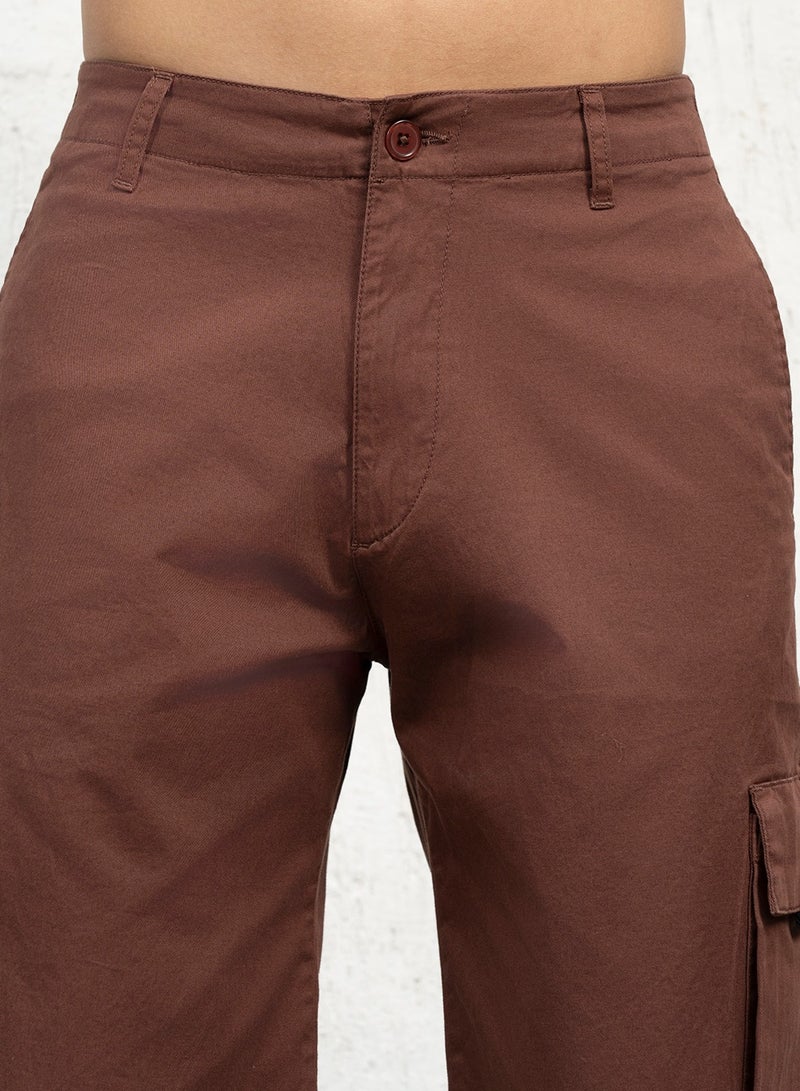 Hubberholme Men's Brown Cotton Blend Solid Pattern Cropped Length Cargo Loose Shorts - Image 5