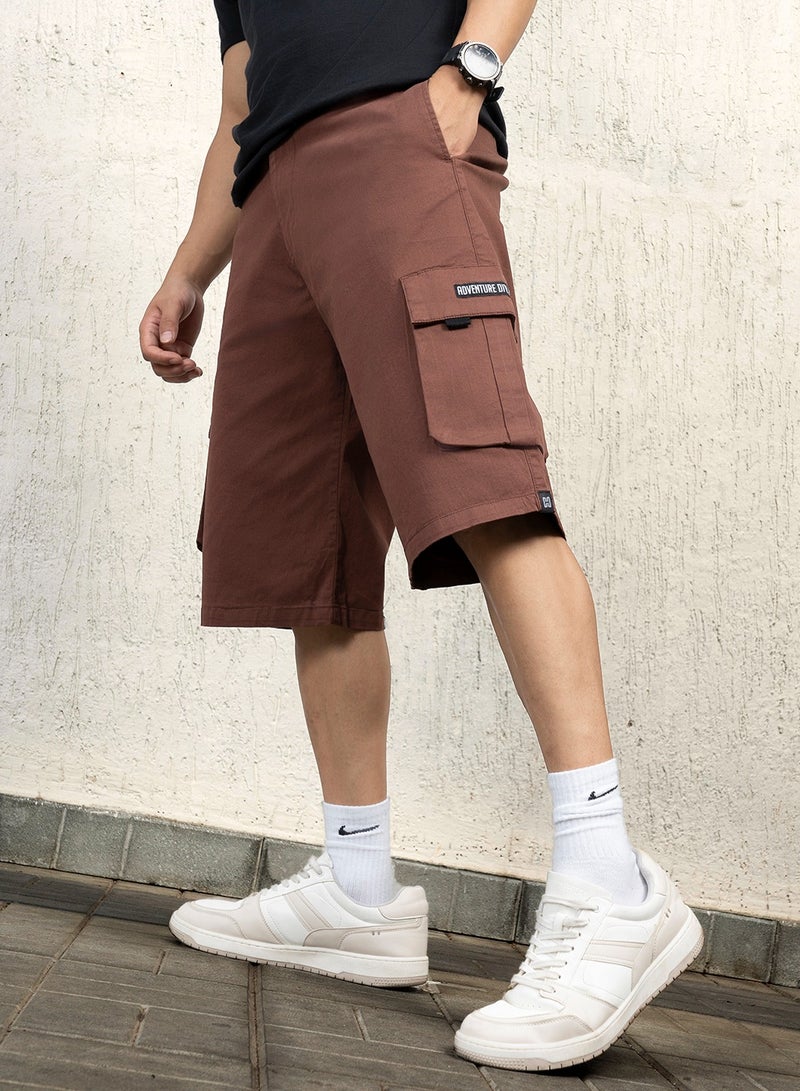 Hubberholme Men's Brown Cotton Blend Solid Pattern Cropped Length Cargo Loose Shorts - Image 3