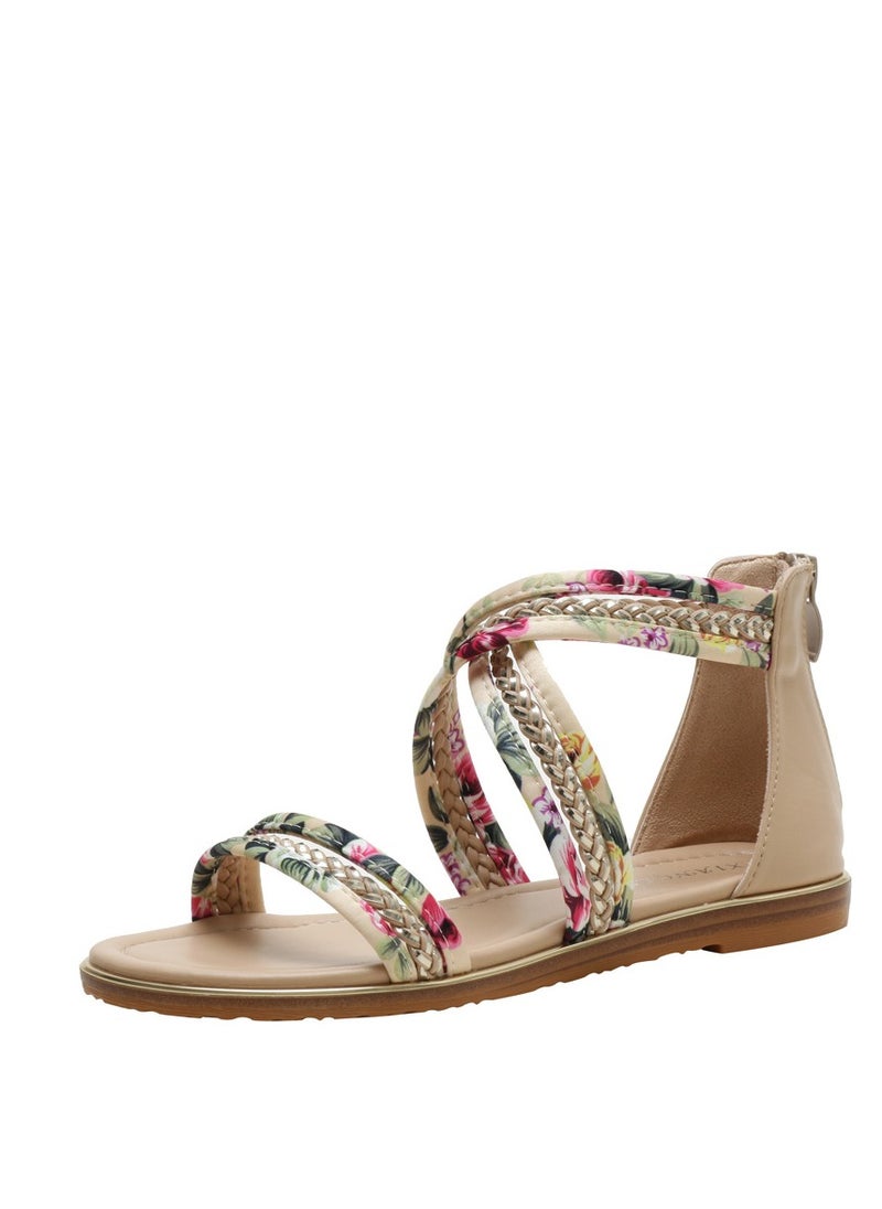 SIKETU 2025 New Women's Summer Flat Bottomed Open Toed Flower Cloth Single Strap Anti Slip Roman Sandals  - Image 1
