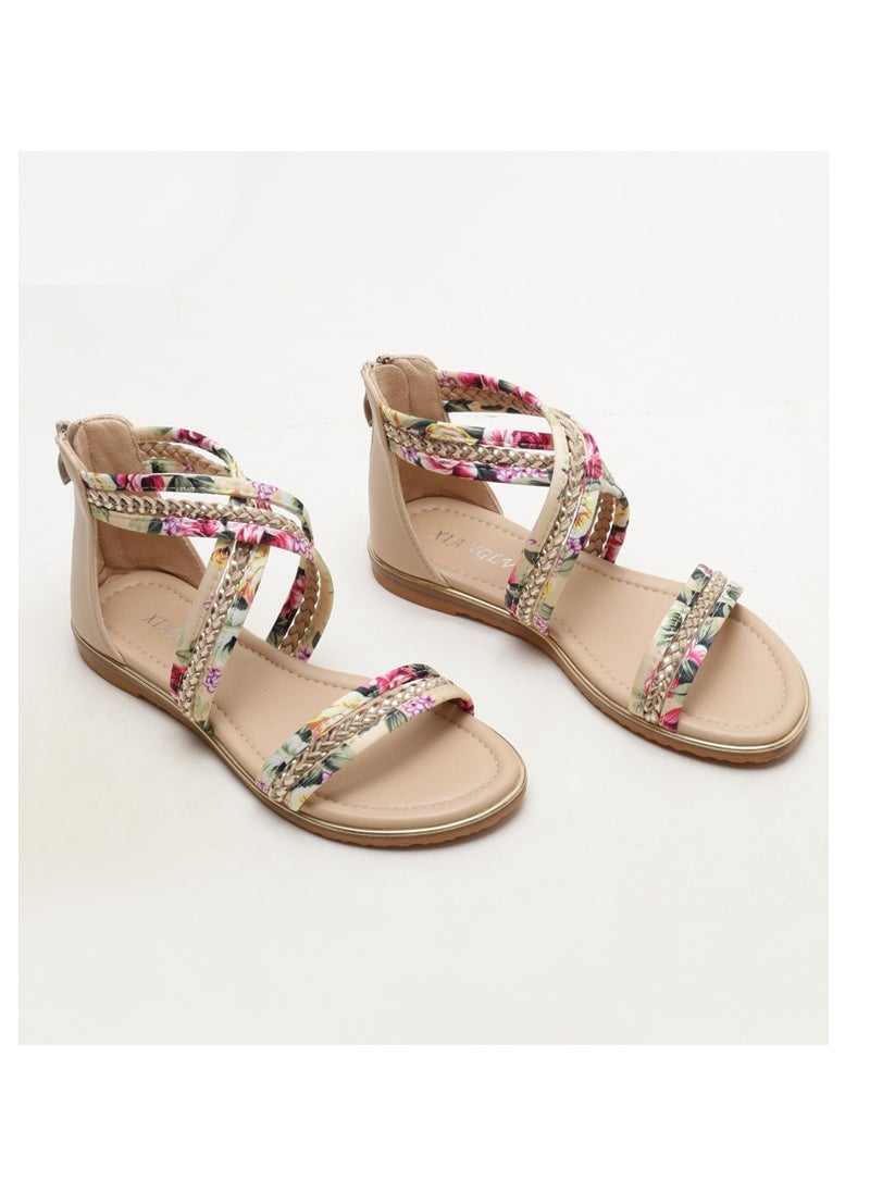 SIKETU 2025 New Women's Summer Flat Bottomed Open Toed Flower Cloth Single Strap Anti Slip Roman Sandals  - Image 2