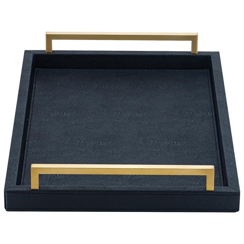 XIGEXIGE Black Faux Leather Serving Tray 17x12 inches Brushed Gold Handles Decorative Tray for Ottoman Coffee Table Living Room Kitchen Bathroom
