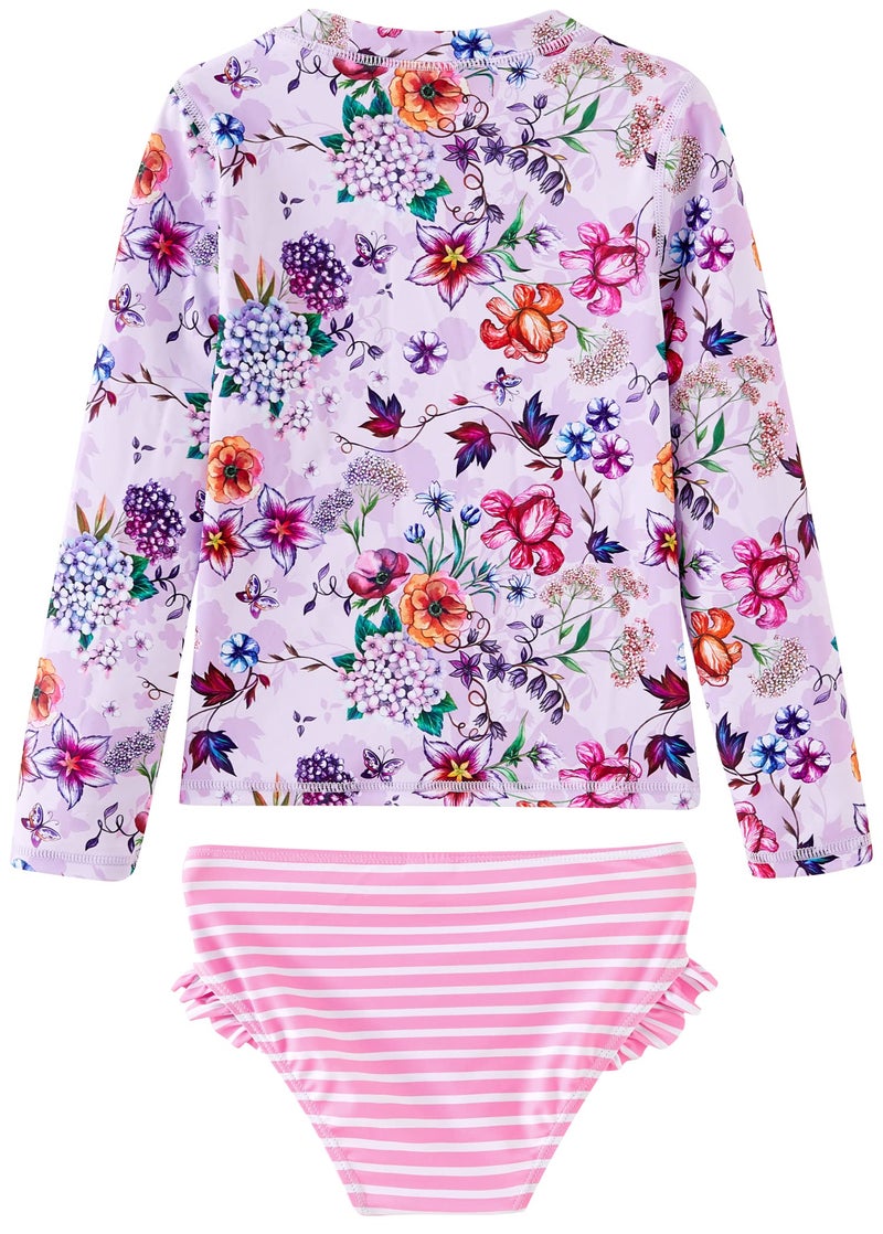 UMELOK Little Girls' Rashguard Sets Swimwear 2-Pieces Long Sleeve Bathing Suit Swimsuit Sets Pink, Hydrangea 7Y, Little Kid - Image 3