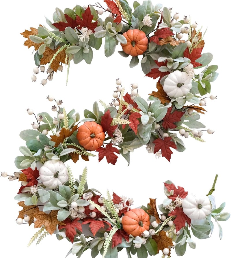 Bibelot Autumn Wreaths Lambs Ears Leaves Maple Leaf Pumpkin Garland 70inches Artificial Fall Garland Decorated on The Walls of The Living Room Hallway Thanksgiving Harvest Gathering Celebration Decor - Image 1