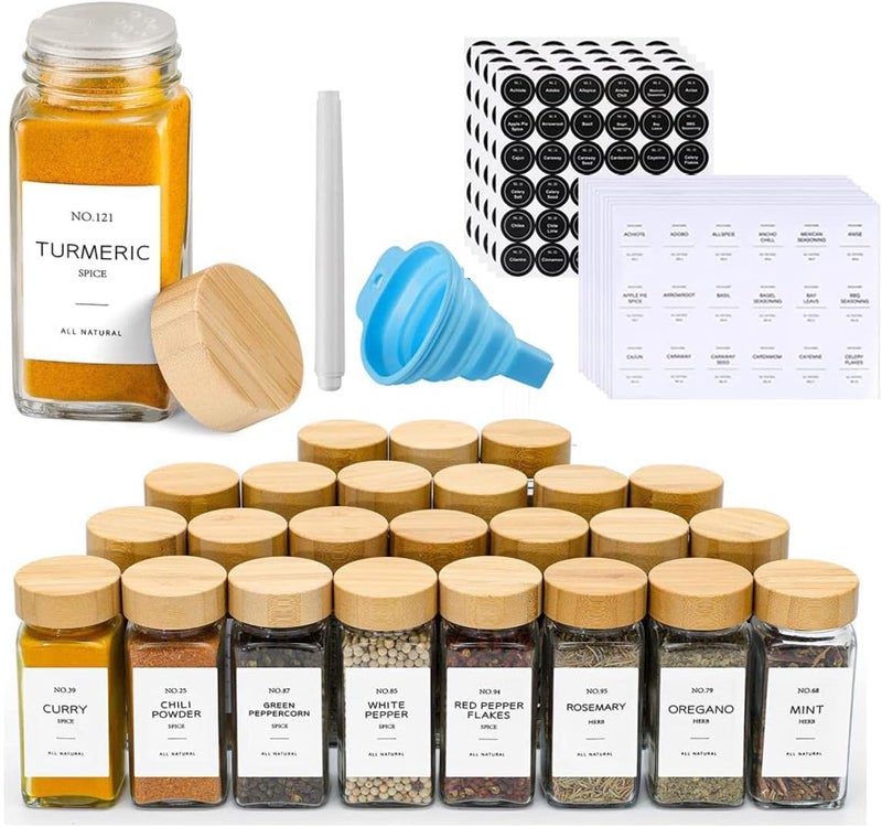FUFU Spice Jars with Label-4oz 24Pcs, Glass Spice Jars with Bamboo Lids,Spices Container Set with White Printed Spice Labels,Kitchen Empty Spice Jars with Shaker Lids - Image 1