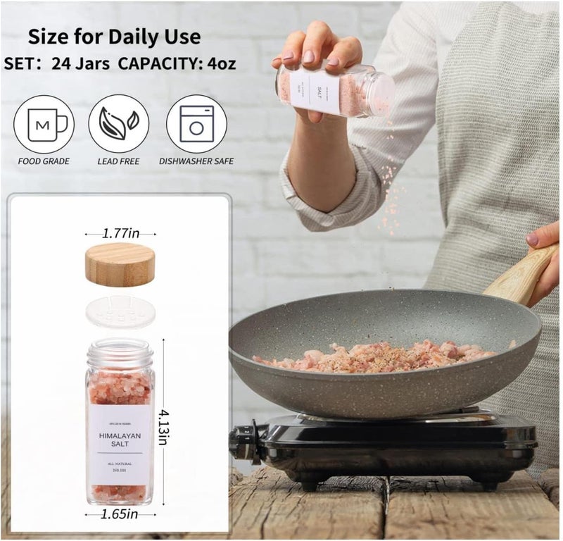 FUFU Spice Jars with Label-4oz 24Pcs, Glass Spice Jars with Bamboo Lids,Spices Container Set with White Printed Spice Labels,Kitchen Empty Spice Jars with Shaker Lids - Image 2
