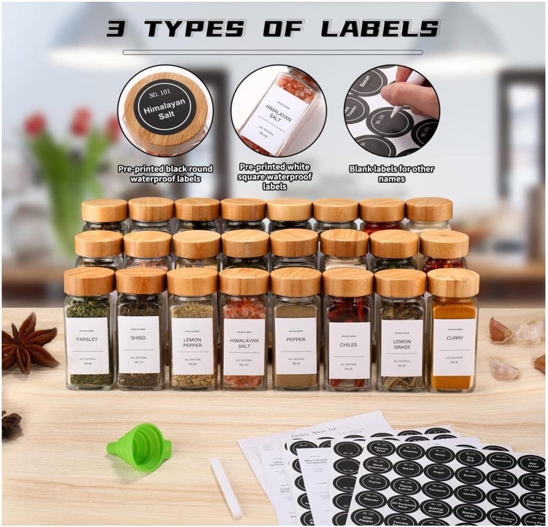 FUFU Spice Jars with Label-4oz 24Pcs, Glass Spice Jars with Bamboo Lids,Spices Container Set with White Printed Spice Labels,Kitchen Empty Spice Jars with Shaker Lids - Image 5