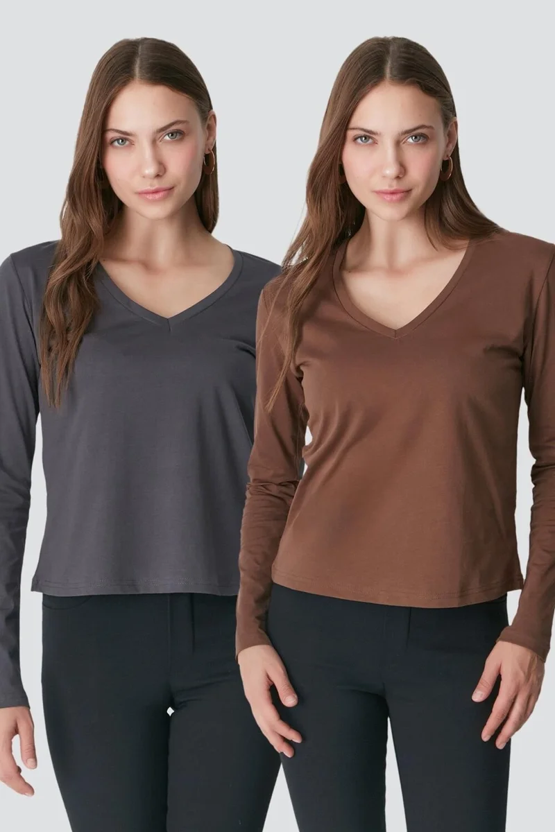 سي اند سيتي V Neck Long Sleeve 2-Piece Basic T-Shirt 954 Smoked/brown