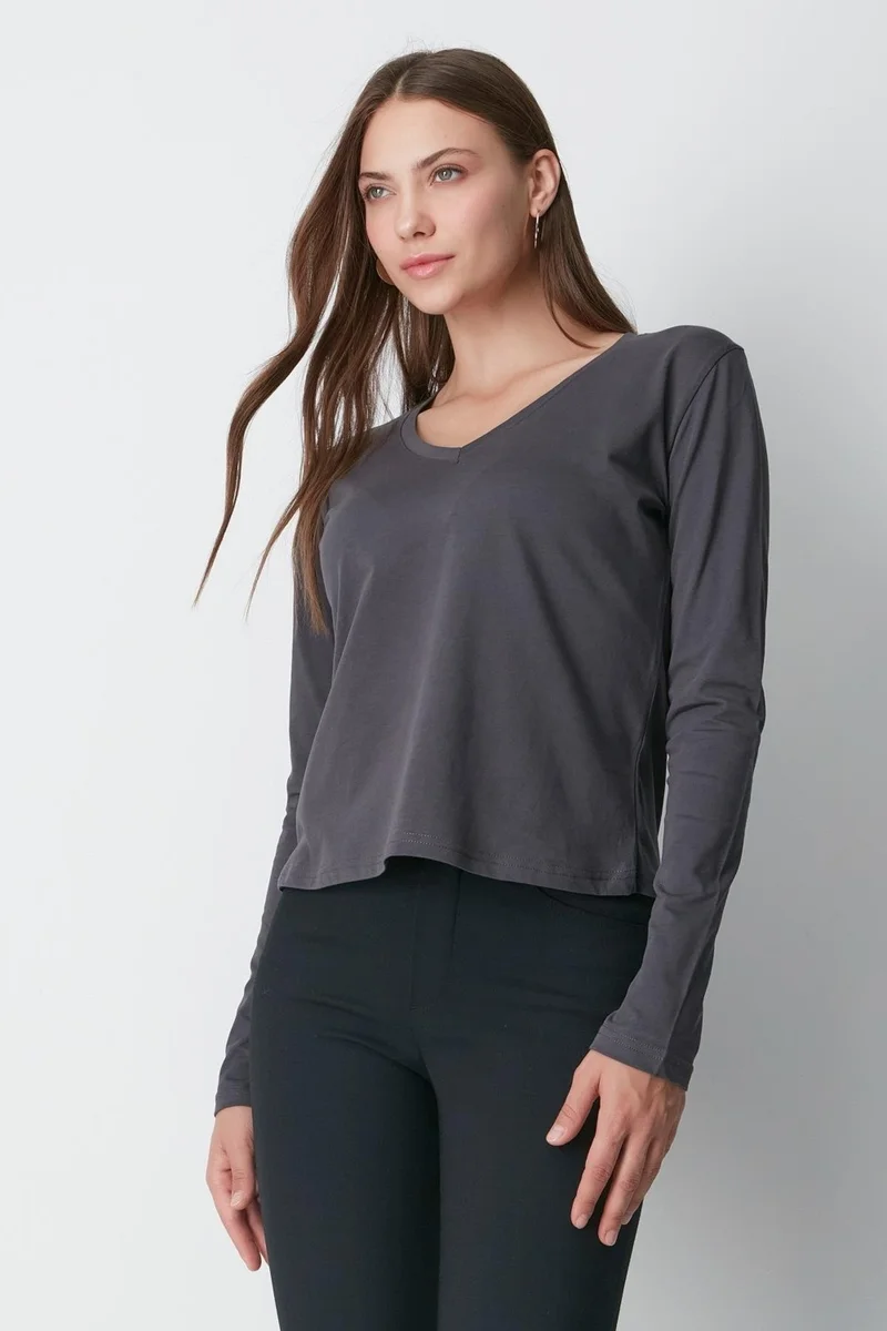 سي اند سيتي V Neck Long Sleeve 2-Piece Basic T-Shirt 954 Smoked/brown