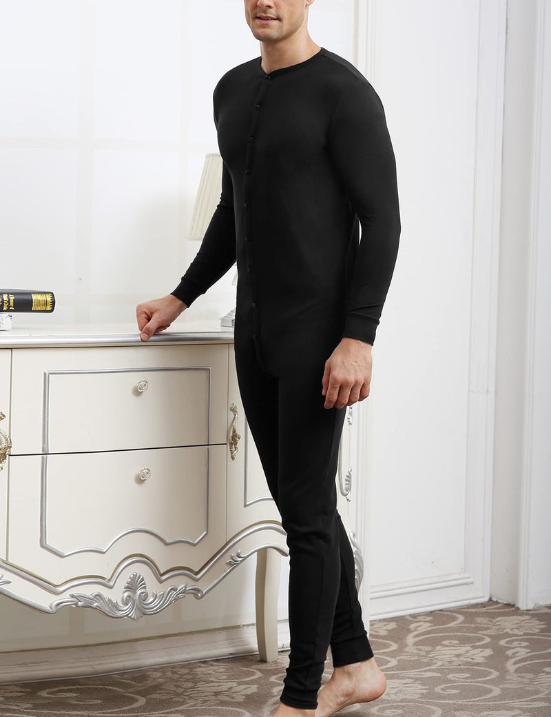 COLORFULLEAF Men's Cotton Thermal Underwear Union Suits Henley Onesies Base Layer (Black, L) - Image 3