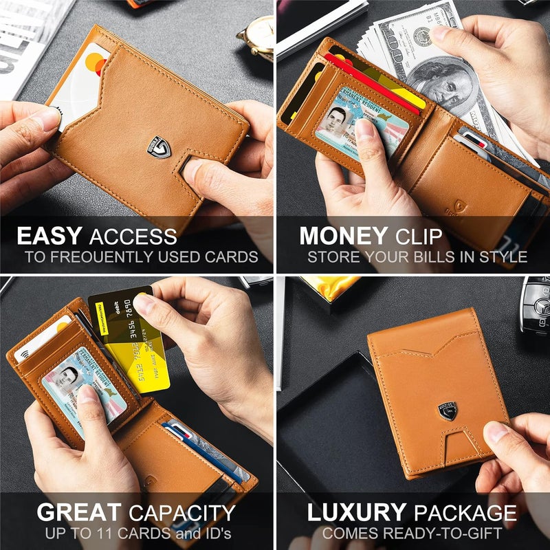 GSOIAX Mens Slim Wallet for Men Minimalist Genuine Leather Carbon Fiber RFID Blocking Cowhide Bifold Credit Card Holder with Gift Box, Brown, Slim - Image 4