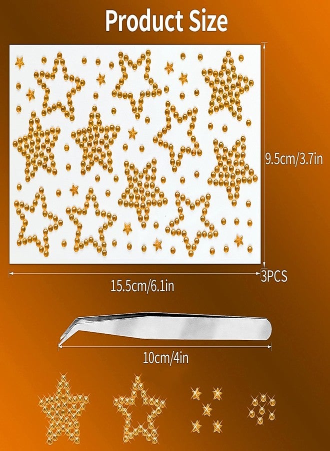 Jacnkb 3 Sheets Star Face Gems Self Adhesive Gold Star Rhinestones Face Jewels Glitter Crystal for Body Nails Crafts Decoration Birthday New Year Makeup Accessories - Image 2