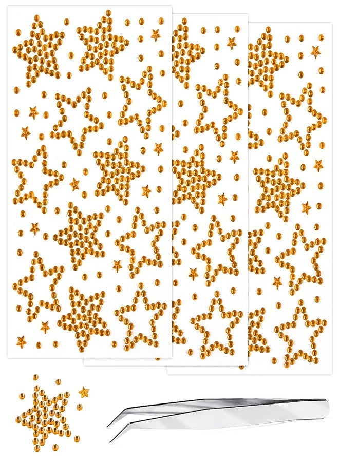 Jacnkb 3 Sheets Star Face Gems Self Adhesive Gold Star Rhinestones Face Jewels Glitter Crystal for Body Nails Crafts Decoration Birthday New Year Makeup Accessories - Image 1