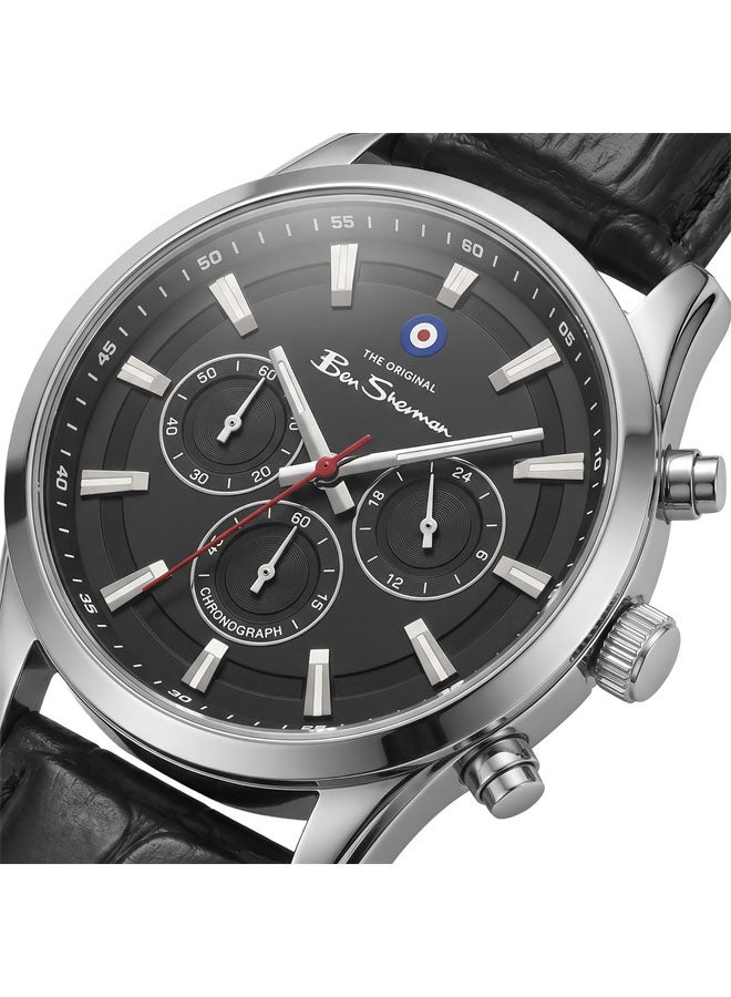 Ben Sherman Cambridge Black Dial Black Genuine Leather Strap Chronograph Watch for Men, 42mm - Image 2