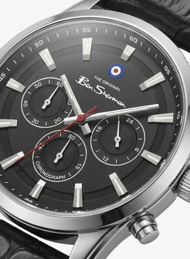 Ben Sherman Cambridge Black Dial Black Genuine Leather Strap Chronograph Watch for Men, 42mm