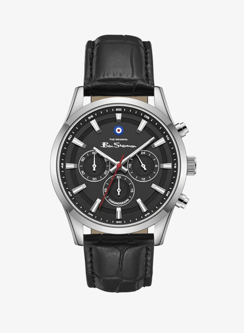 Ben Sherman Cambridge Black Dial Black Genuine Leather Strap Chronograph Watch for Men, 42mm