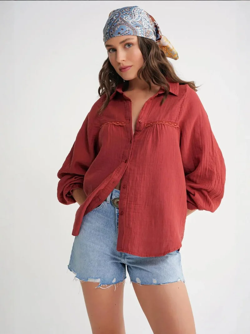 MixRay Brick Red Mixray Textured Cotton Button-Up Shirt for Women | Best Price UAE