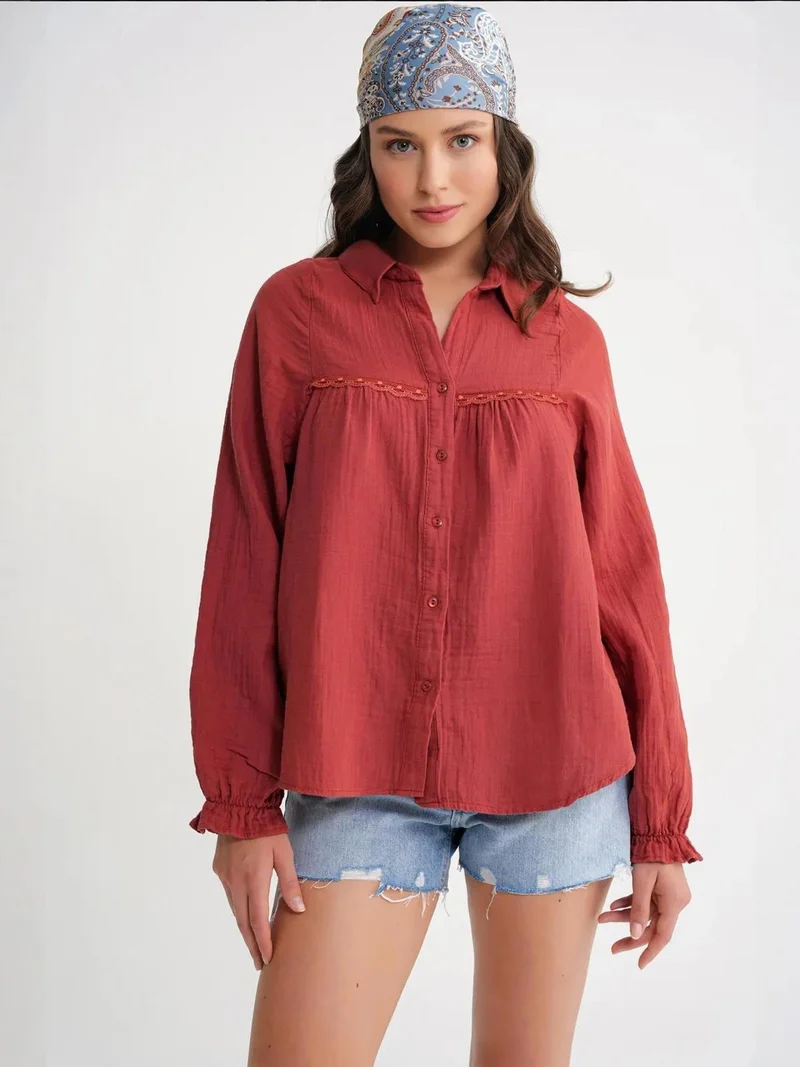 MixRay Brick Red Mixray Textured Cotton Button-Up Shirt for Women | Best Price UAE