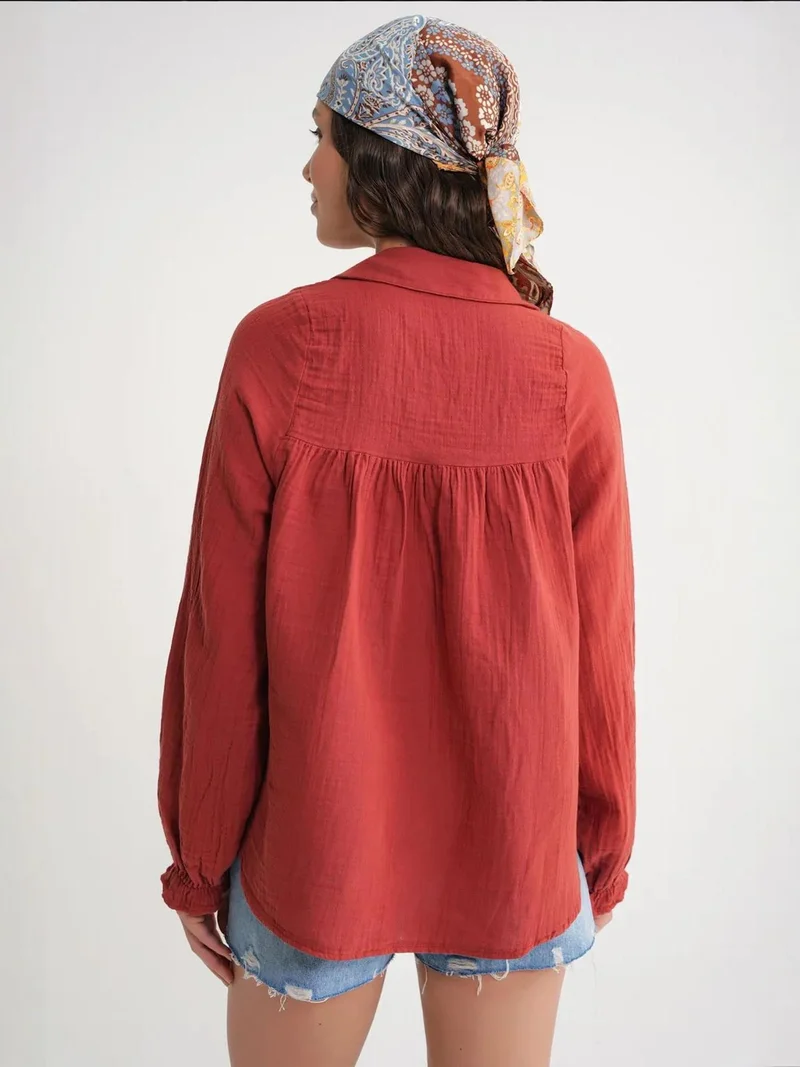 MixRay Brick Red Mixray Textured Cotton Button-Up Shirt for Women | Best Price UAE