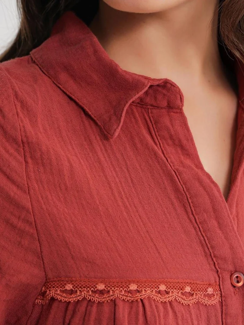 MixRay Brick Red Mixray Textured Cotton Button-Up Shirt for Women | Best Price UAE