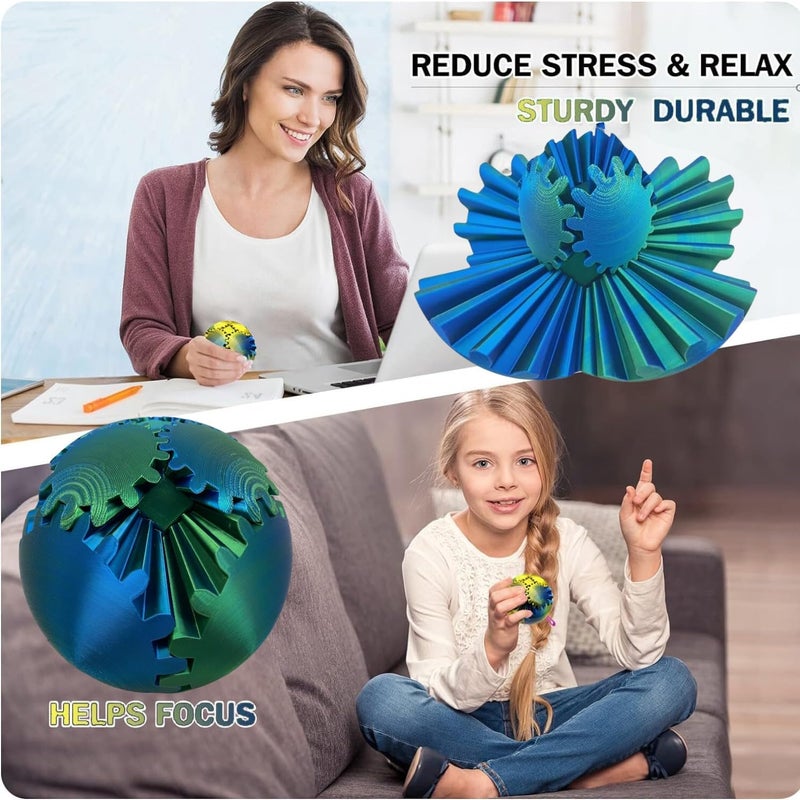 ULTHOOL Gear Ball 3D Printed Spin Ball Cube Fidget Toys, Gear Sphere Fidget Toy, GearSphere Desk Toy Stress Fidget Balls, Fidgets Spinners for Adults & Kids Anxiety Relaxing (Laser Green Blue, 3.1 Inch) - Image 4