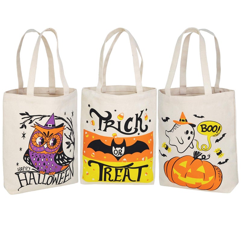 JOYIN JOYIN 3PCS 1375 Large Halloween Tote Treat Bags for Trick or Treating Halloween Goodie Candy Bags Reusable White Canvas Gift Bag for Kids Party Favor Supplies Snack Grocery Tote with Handles 