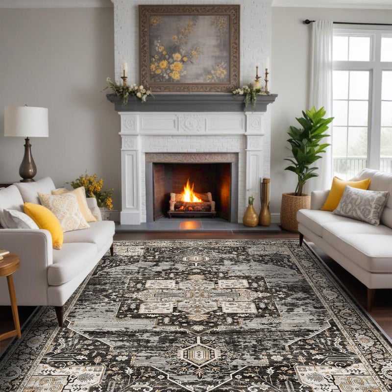 RUUGME Washable 8x10 Area Rugs - Large Rugs for Living Room Stain Resistant Carpet Vintage Rugs for Bedroom with Non Slip Backing Home Decor Floor Decoration Mat (8x10 Black) - Image 1