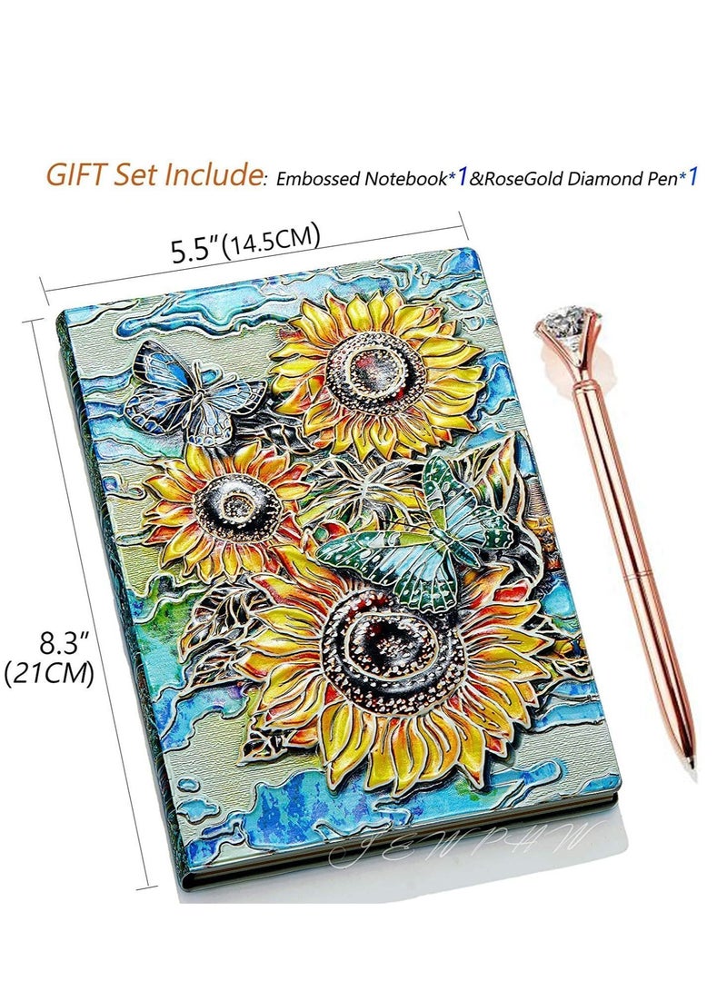 3D Sunflower Journal Writing Notebook with Diamond Pen Set, Antique Handmade Leather Daily Notepad Sketchbook, Travel DiaryNotebooks to Write in, Gift for Girls Women (Sunflower-Color)