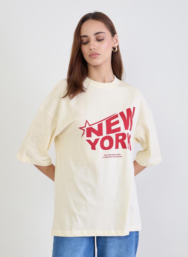 Styli Beige Graphic Oversized T-Shirt - Image 3