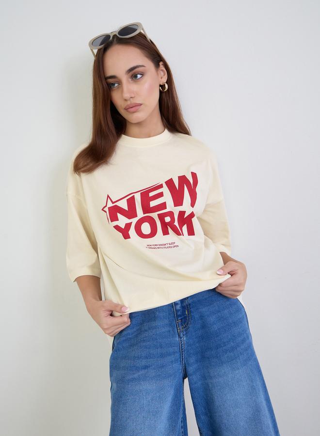 Styli Beige Graphic Oversized T-Shirt - Image 1