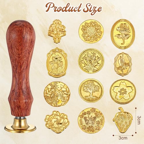 TecoKart® Wax Seal Stamp Kit with 12 Vintage Pattern Heads & Wooden Handle, Letter Wax Seal Stamp Set for Invitations, Gift Wrapping & Crafts, Applicable to DIY Projects - Image 2