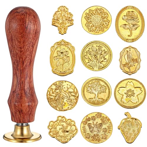 TecoKart® Wax Seal Stamp Kit with 12 Vintage Pattern Heads & Wooden Handle, Letter Wax Seal Stamp Set for Invitations, Gift Wrapping & Crafts, Applicable to DIY Projects - Image 1