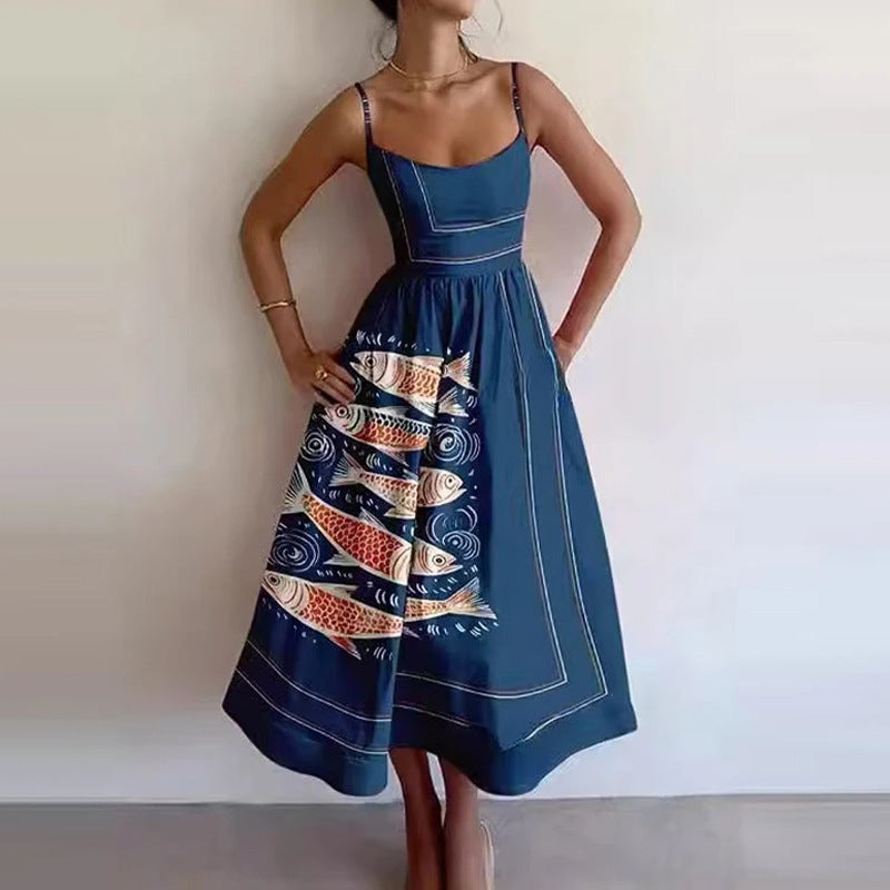 2025 Summer Independent Station Popular Fashion Elegant Printed Pleated Waist Large Hem Suspender Dress - Image 1