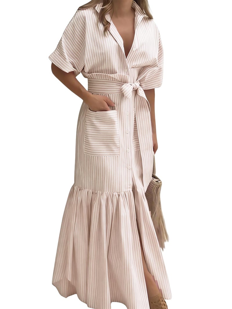 utcoco Women's 2025 Summer Casual Striped Button Down Maxi Dress Tie Waist Short Sleeve Shirt Dress with Pockets (Large, Khaki) - Image 1