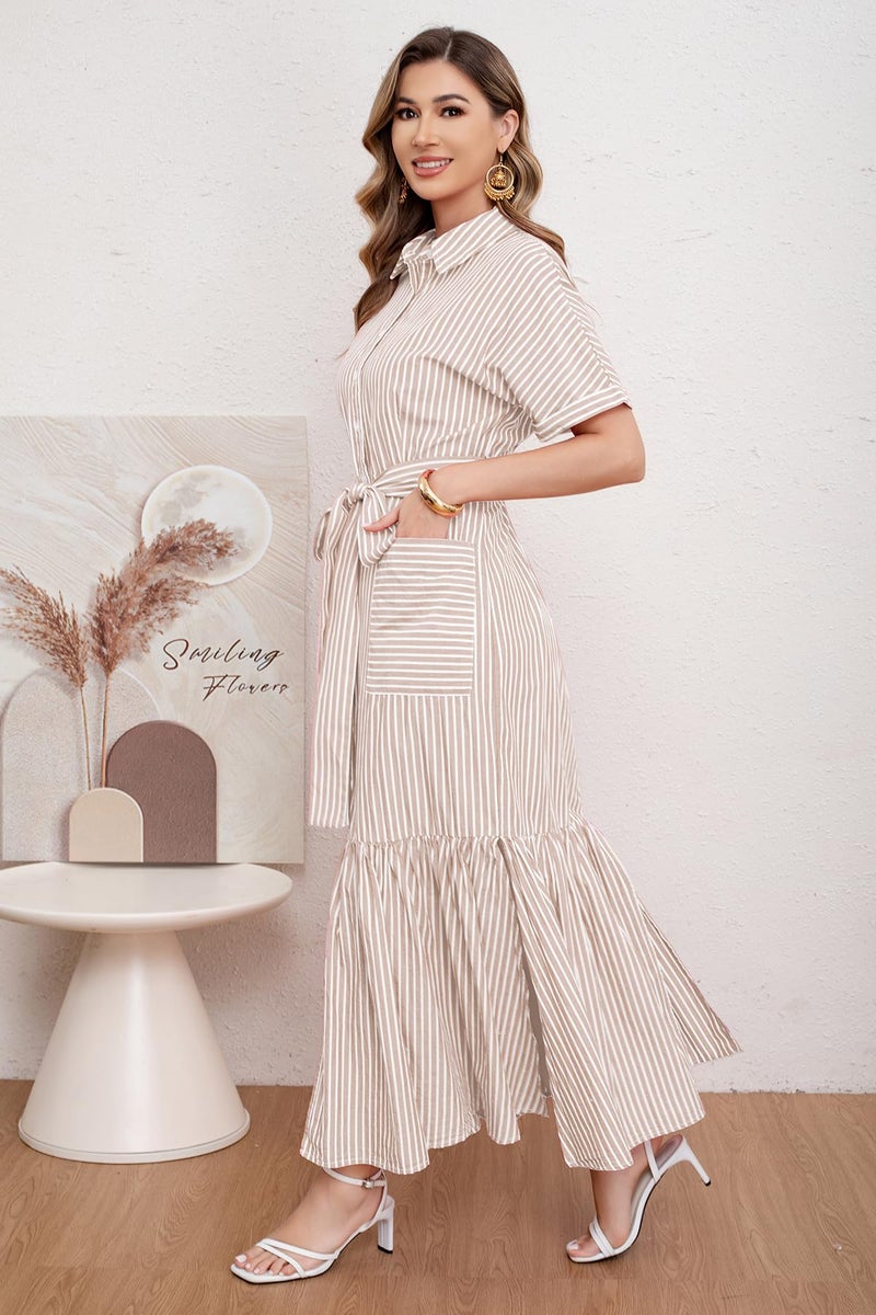 utcoco Women's 2025 Summer Casual Striped Button Down Maxi Dress Tie Waist Short Sleeve Shirt Dress with Pockets (Large, Khaki) - Image 5