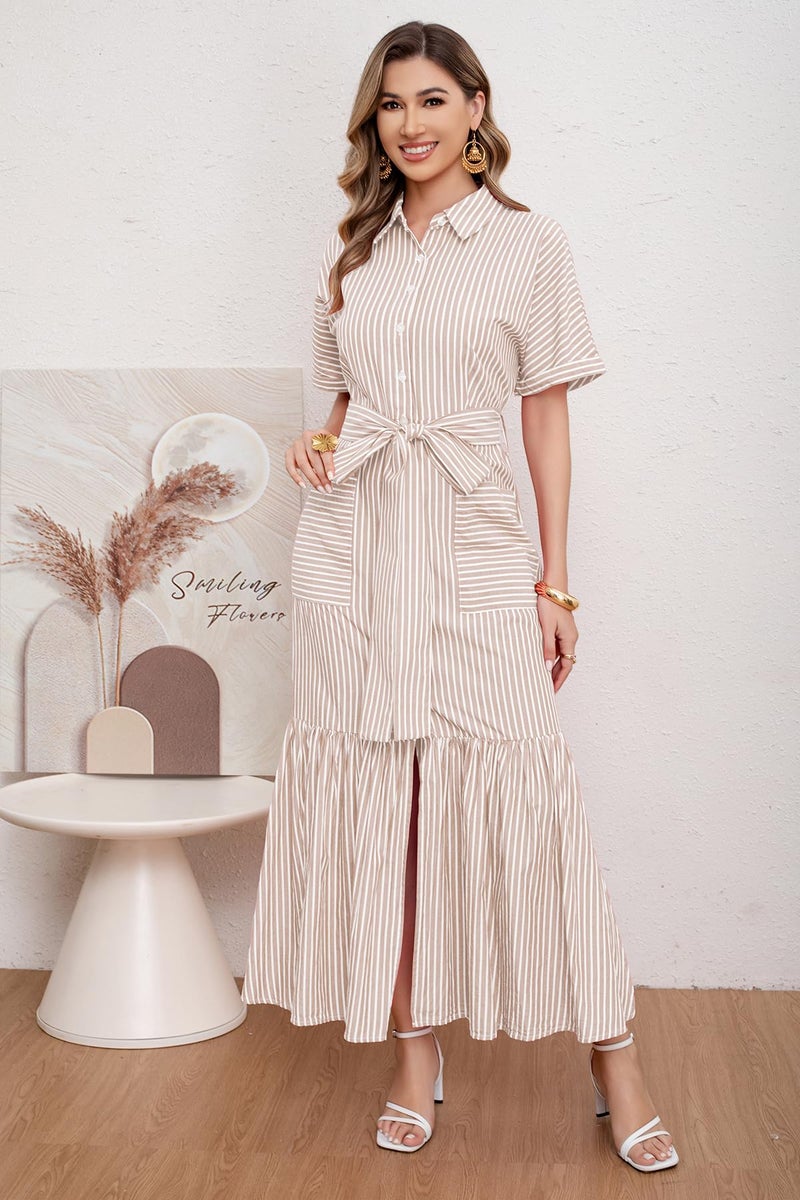 utcoco Women's 2025 Summer Casual Striped Button Down Maxi Dress Tie Waist Short Sleeve Shirt Dress with Pockets (Large, Khaki) - Image 2
