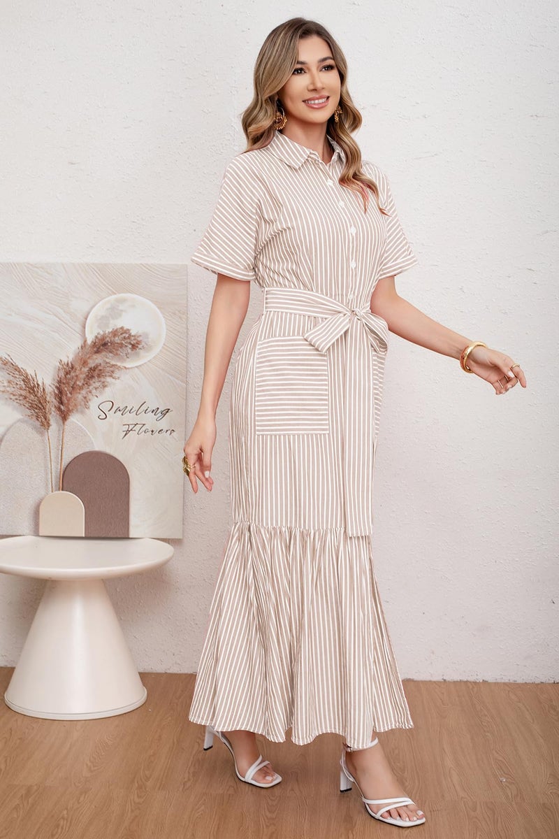 utcoco Women's 2025 Summer Casual Striped Button Down Maxi Dress Tie Waist Short Sleeve Shirt Dress with Pockets (Large, Khaki) - Image 3