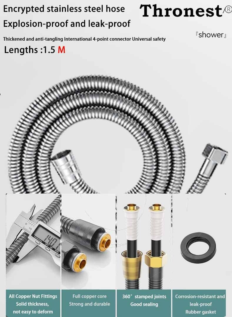 Thronest Upgraded High Pressure Shower Head Set [5 Modes/Water-Saving/One-Touch Stop] with  1.5M Flexible Hose & No-Drill Wall Bracket - Ideal for Saudi Water Pressure & Bathroom Setup -Silver - Image 5