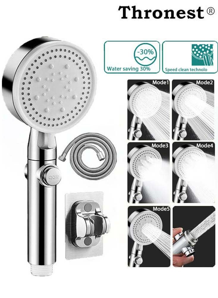 Thronest Upgraded High Pressure Shower Head Set [5 Modes/Water-Saving/One-Touch Stop] with  1.5M Flexible Hose & No-Drill Wall Bracket - Ideal for Saudi Water Pressure & Bathroom Setup -Silver - Image 1