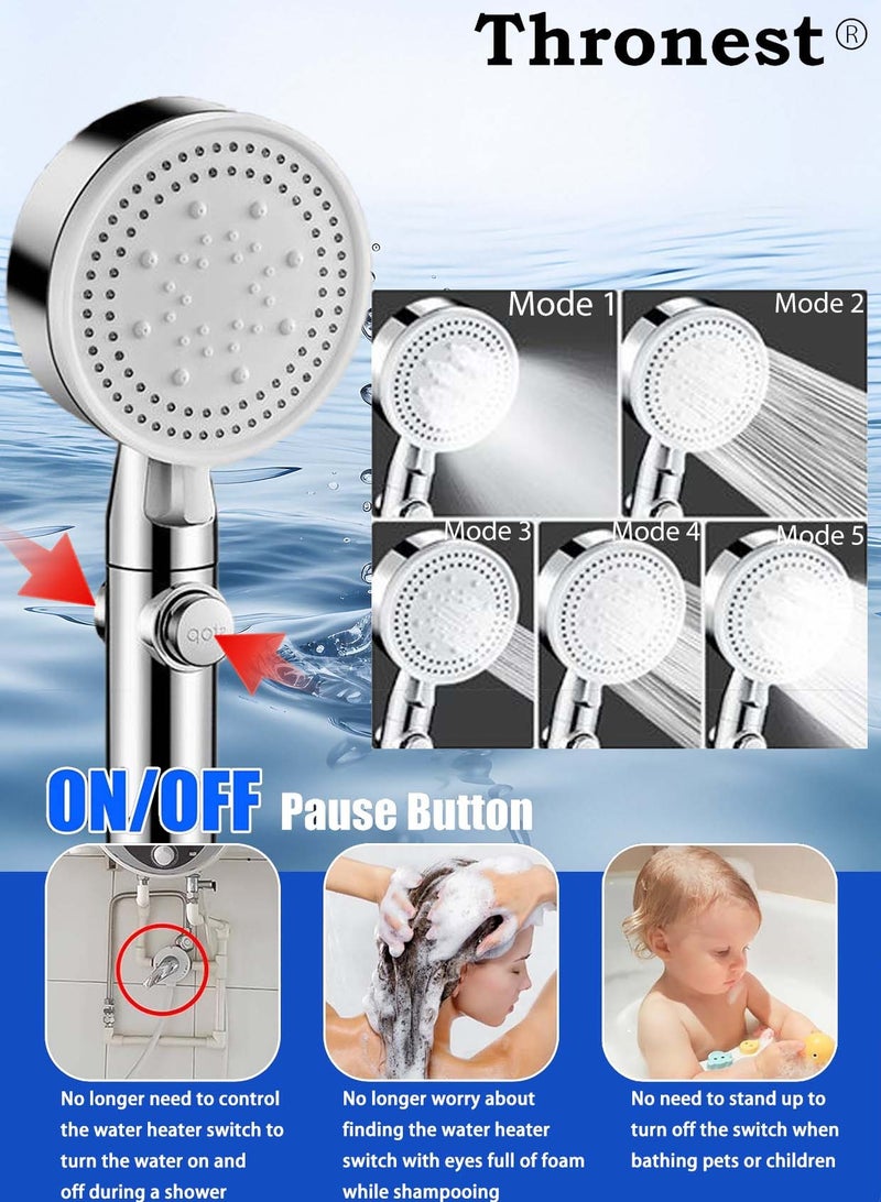 Thronest Upgraded High Pressure Shower Head Set [5 Modes/Water-Saving/One-Touch Stop] with  1.5M Flexible Hose & No-Drill Wall Bracket - Ideal for Saudi Water Pressure & Bathroom Setup -Silver - Image 2