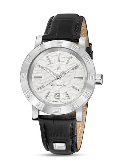 Guy Laroche Alex Men's 40mm Swiss Quartz Watch with White Textured Dial, Sapphire Glass & Black Leather Strap