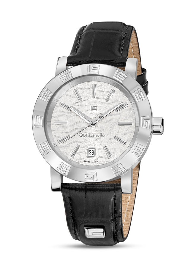 غاي لاروش ساعة أليكس رجالي كوارتز سويسرية 40 مم بقرص أبيض منقوش وزجاج سافاير وحزام جلد أسود - Image 1