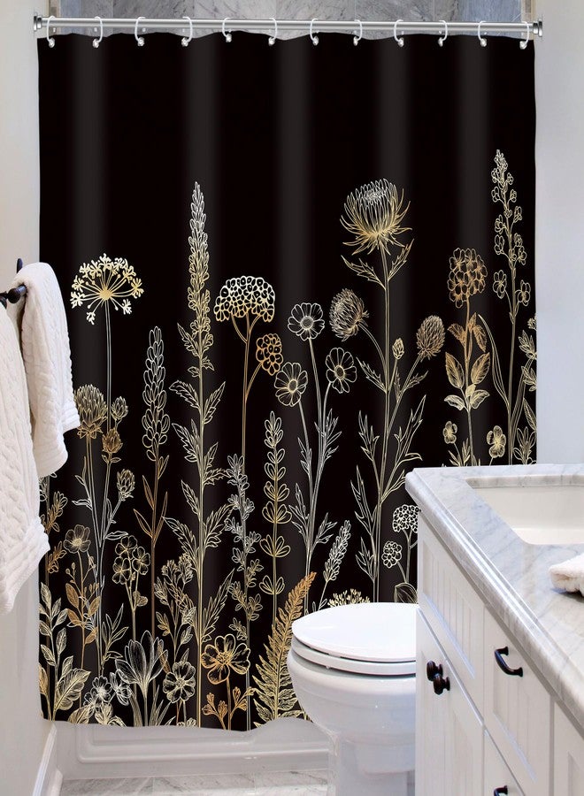 ريديكور ستارة حمام من Riyidecor باللون الأسود الذهبي مزينة بنقشة زهور برية لتزيين الحمام، 72 عرضًا × 72 ارتفاعًا، مصنوعة من قماش البوليستر المقاوم للماء بتصميم فني ريفي عتيق من بوهو للنساء والفتيات - Image 4