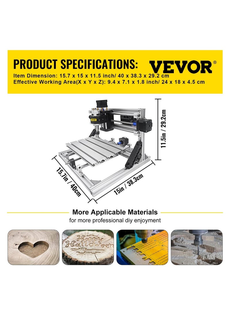 VEVOR 2418 CNC Engraving Machine Milling Cutter 3 Axis CNC Router Machine 500 mW Milling Machine CNC 240 x 180 x 40 mm Engraving Machine Kit